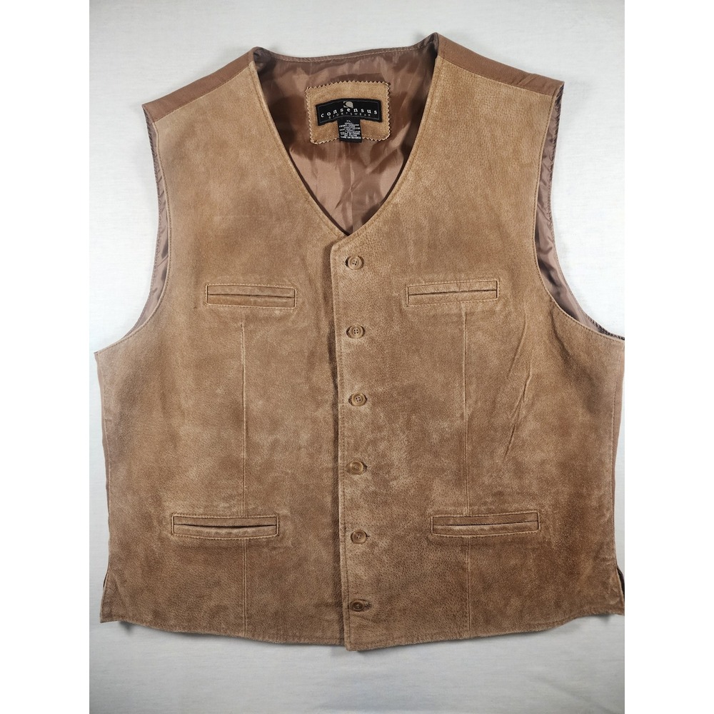 Consensus Sportswear Mens XL Brown Suede Genuine Leather Vest Button Front‎